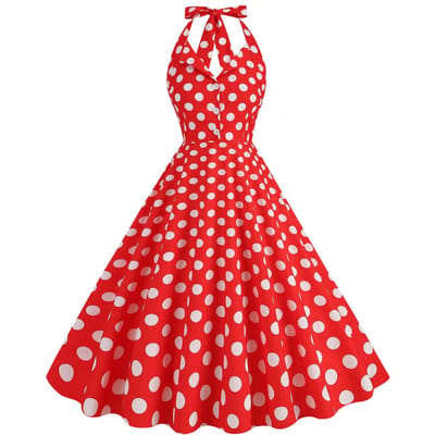 Dames Avondjurk Retro Kleurblokkering Stippenprint A-lijn Grote Zwaai Vetersluiting Rugloos Halternek V-hals Nauwsluitend Hoge Taille Knoop S
