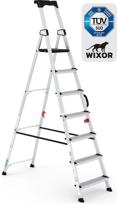 Wixor Trapladder Handyman | Huishoudtrap 7 treden | Professionele trap | Enkel Oploopbare trap | Keukentrap | Trapladder | Tuv-gecertificeerd | EN131