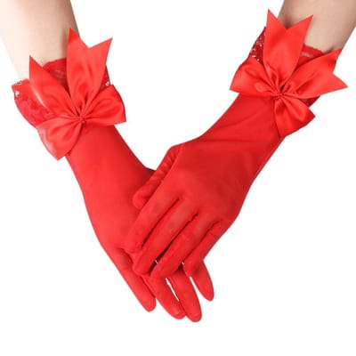 Gants de Mariée Mode avec Nœud et Dentelle pour Femmes Gants Blancs Protection Solaire Gants de Conduite Accessoires de Fête de Mariage rouge