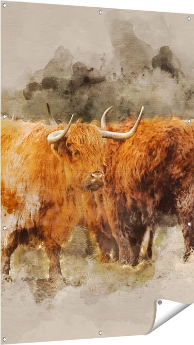 Gards Tuinposter Twee Schotse Hooglander Koeien - Abstract - 100x150 cm - Tuindoek - Tuindecoratie - Wanddecoratie buiten - Tuinschilderij