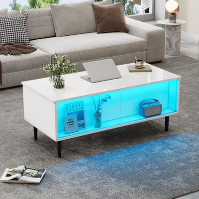 MODENUIT Salontafel - Hefbaar Met LED En Opbergruimte - Voor Woonkamer - Wit Spaanplaat En Glas - 105x50x43 Cm