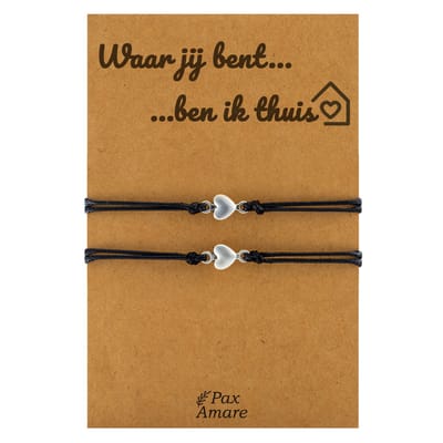 Vriendschapsarmbandjes voor 2 "Waar jij bent ben ik thuis" - Kleine Hartjes - BFF Armbandjes met Cadeau Kaartje - Zwart & Zilverkleurig - Elastisch Verstelbaar - Pax Amare
