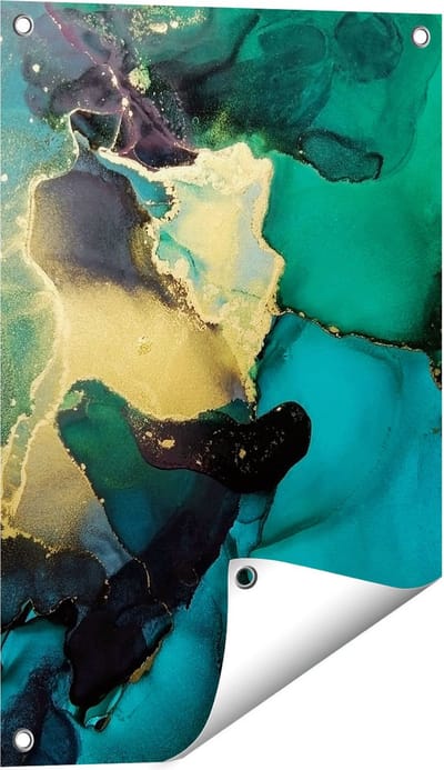 Gards Tuinposter Abstracte Kunst - Groen met Goud - 40x60 cm - Tuindoek - Tuindecoratie - Wanddecoratie buiten - Tuinschilderij