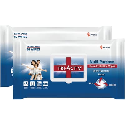 Lingettes Désinfectantes et Assainissantes Tri-Actives Multiusages Protection Contre les Germes Lot de 2 Lingettes | 80 Lingettes Extra Larges de Protection Contre les Germes white