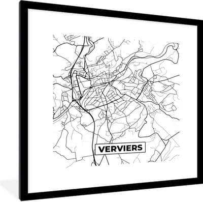Fotolijst incl. Poster Zwart Wit- Kaart – Plattegrond – Stadskaart – Verviers – België – Zwart Wit - 40x40 cm - Posterlijst