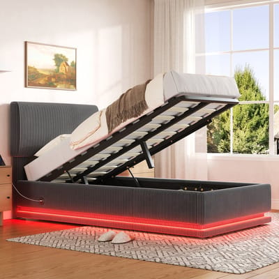 Wishdor Gestoffeerd Bed - 90 x 200 cm - LED en USB-C - Verstelbaar Hoofdbord - Corduroy - Opbergruimte - Donkergrijs - Modern Compact Bed