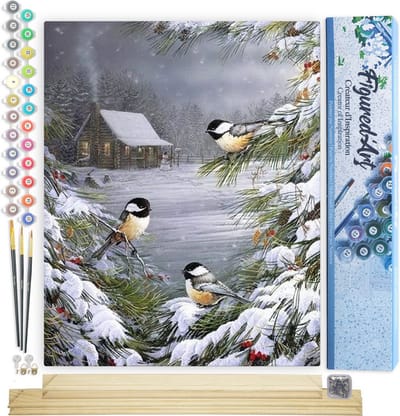 Figured'Art Schilderen op Nummer Volwassenen canvas Drie vogels in de sneeuw - Handwerk acrylverf Kit DIY Compleet - 40x50cm met DIY houten lijst