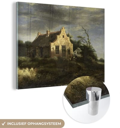 ® Glasschilderij 160x120 cm - Schilderij acrylglas - Boerenhuis in bosachtig duinlandschap - Schilderij van Jacob van Ruisdael - Foto op glas - Muurdecoratie woonkamer - Wanddecoratie slaapkamer - Schilderijen