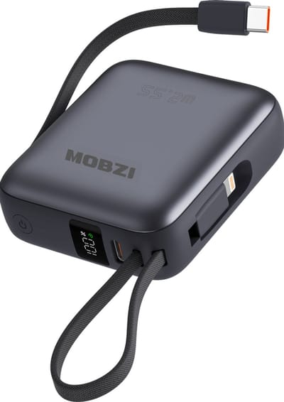 MOBZI Powerbank 10000mAh met Ingebouwde USB-C & 8 Pin Kabels – 22.5W Super Snellader voor iPhone Samsung & iPad – Compact & Lichtgewicht – LED Display met Batterij-Indicatie – Vliegtuig Toegestaan – Slimme Beveiliging tegen Overladen – Zwart