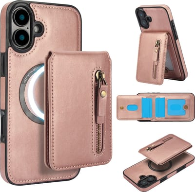 Stravo Leather Hoesje Case – Wallet Leer & Leren Cover – Geschikt voor iPhone 16 Plus – Leren Leather Portemonneehoes met Kaarthouder – 2-in-1 Afneembare PU Leren Flip Case met RFID-bescherming, Kickstand, MagSafe – Roségoud