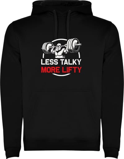 Zwarte unisex hoodie met “ Kleurrijke Less Talky More Lifty – Minder praten meer tillen – Bodybuilden – Dumbell - Sport – Humor – Zet Door – Niet opgeven “ Print Full Color merk Roly maat L