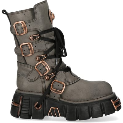 New Rock grijze/bruine leren gothic bikerlaarzen tot halverwege de kuit - M-373XL-C119