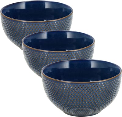 Soepkommen Ø14 cm - Set van 3 Aardewerk Kommen - Serveerkommen Zonder Oor – Gebruikt als Schalen en Fruitschaal – Blauwe Ramen Kom Set