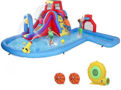 ECTEATOY® Springkussen - Opblaasbaar Waterpark 6-in-1 met 550W Blower - Springkussen met Glijbaan - Zwembad - Klimwand & Voetbaldoel - Buiten