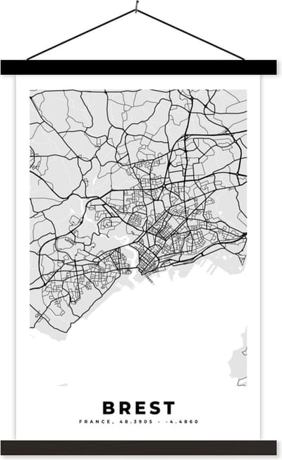 Posterhanger incl. Poster 40x60 cm - Schoolplaat - Kaart - Stadskaart - Frankrijk - Brest - Plattegrond - Textielposter - Zwarte latten - Stadskaart