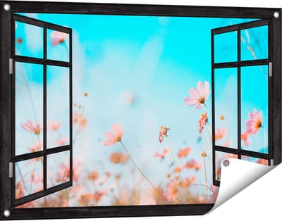 Gards Tuinposter Doorkijk Paarse Kosmos Bloemen - 90x60 cm - Tuindoek - Tuindecoratie - Wanddecoratie buiten - Tuinschilderij