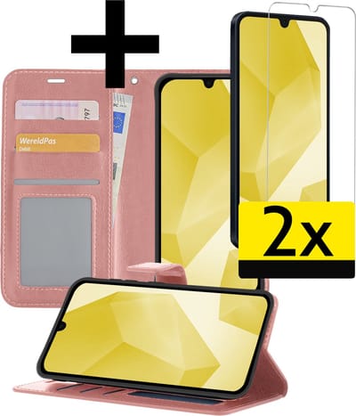 Hoesje - Met 2x Screenprotector - Geschikt voor Samsung Galaxy A16 - Luxe Pasjeshouder - Bookcase Portemonee - Flip Case - Kunstleer Book Case - Flipcase Hoes - Book Cover - Walletcase - Portemonneehoes - Telefoonhoesjes - Rosé goud