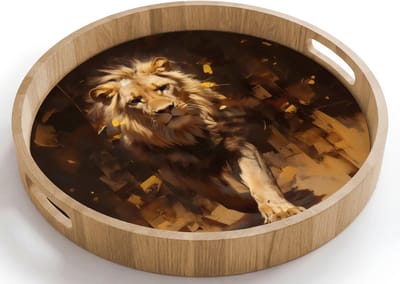 Dienblad rond 40x40 cm - Schootdienblad hout - Leeuw - Geschilderd - Abstract - Goud - Borrelplank rechthoek - Plateau houten dienbladen