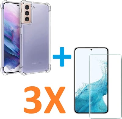 Anti-Shock silicone hoesje transparant met 3 Pack Tempered glas Screen Protector Geschikt voor: Samsung Galaxy S22