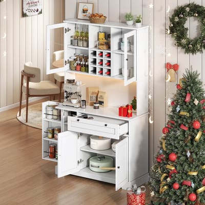 DESMIU Keukenkast - Opbergkast Met Ledverlichting En Stopcontact - Met Wijnrek En Verstelbare Planken Voor Keuken En Woonruimte - MDF - 180x105x40 Cm - Wit