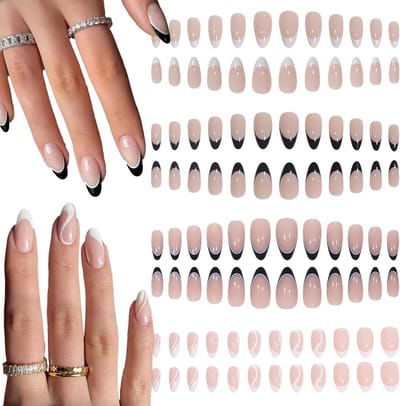 96 Stuks Kunstnagels Franse Mignon Amanda Druk Nagels Korte Valse Nagels Amandelvormige Nagelkunst voor Vrouwen en Meisjes