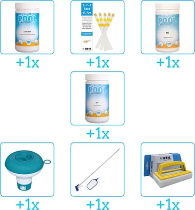 Zwembad Onderhoudspakket - Onderhoud Zwembad - bevat Chloor - Testrips - PH-min - PH-plus - Chloordrijver - Schoonmaakset en Scrubborstel (7-delig)