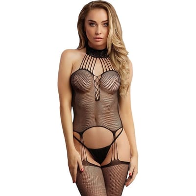 Le Désir by Shots Sexy Suspender Fishnet Choker Bodystocking - Één maat - Zwart
