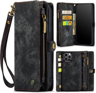 Geschikt Voor iPhone 12 Pro Max Hoesje - Solidenz Wallet Case - Telefoonhoesje 12 Pro Max - 12 Pro Max Case Met Pasjeshouder - Met Ritsvak - Met Polskoord - Portemonee Hoes - Zwart