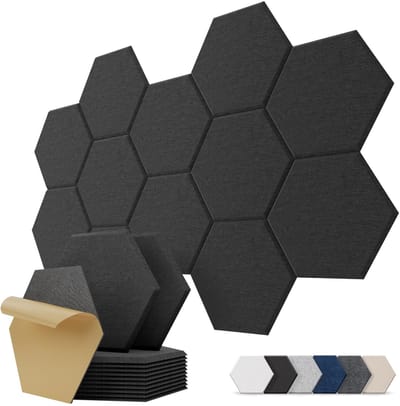 Zelfklevende Akoestische Panelen, 12 Stuks Zeshoekige Geluidsabsorberende Wandpanelen, Vermindert Echo in Studio, Kantoor, Gaming, Decoratie voor Wand, Plafond en Deur, 30x26x0.9cm, Zwart