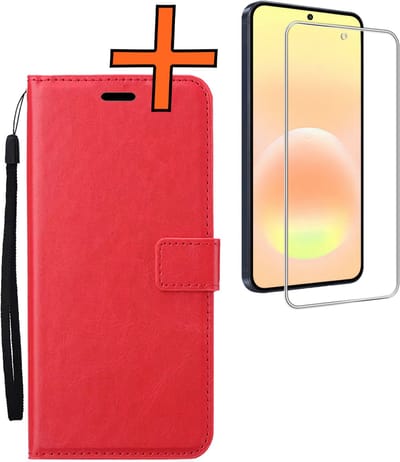 Hoes - Met Screenprotector - Geschikt voor Samsung Galaxy A57 - Luxe Pasjeshouder - Bookcase Portemonee - Flip Case - Kunstleer Book Case - Flipcase - Book Cover - Walletcase - PortemonneeHoes - Rood