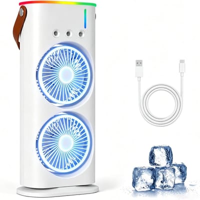 Draagbare mini-airco – 280 ml luchtkoeler, 4-in-1 draagbaar apparaat, 3 snelheden, 3 vernevelingsstanden, ledverlichting in 7 kleuren, USB-ventilator & luchtbevochtiger voor de slaapkamer