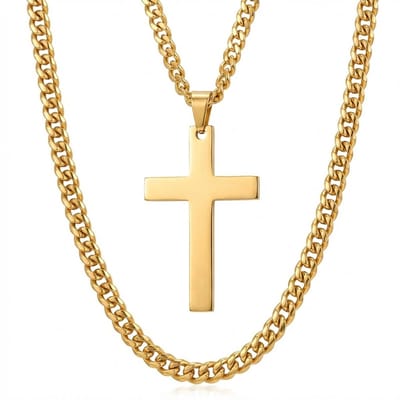 Goudkleurige ketting voor heren – schakel ketting met kruis hanger – moderne metalen ketting met glanzende afwerking