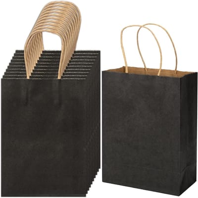 Kleine zwarte zakken - Kraftzakken met handgrepen - Feestelijke geschenken - Stevig 110G Kraftpapier - 15x8x8 cm - Zwart