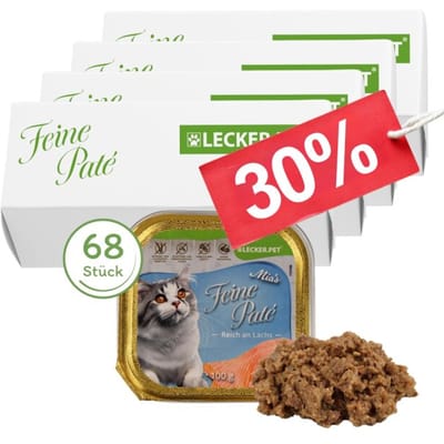 68 x 100 g Lecker.Pet® Mia's Feine Paté Rijk aan Zalm Kattenvoer Natvoer Volledige voeding