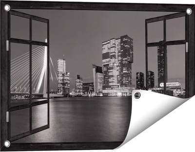 Gards Tuinposter Doorkijk Rotterdamse Skyline - Zwart Wit - 60x40 cm - Tuindoek - Tuindecoratie - Wanddecoratie buiten - Tuinschilderij