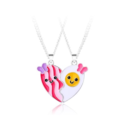Bixorp Friends BFF Ketting voor 2 met Bacon & Ei Hartje - Zilverkleurig - Best Friends Ketting Vriendschap Cadeau voor Twee