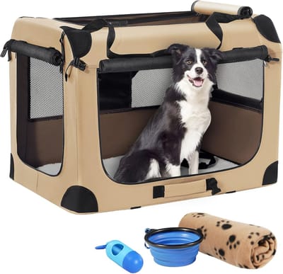 Petprsco Portable Dog Crate, Foldable Dog Travel Crate 81 x 58 x 58 cm with Soft Blanket, Foldable Bowl and Poop Bag with Dispenser for Medium and Large Dogs