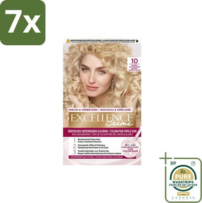 7 x L'Oréal Excellence Crème Permanente Crèmekleuring 10 Extra Lichtblond - Grootverpakking - Haarverf - Grijsdekking - Permanente Haarkleuring - Crèmekleuring - Haarverf Grijsdekking