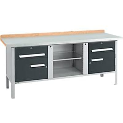 Box-type werkbank Schäfer Shop Select PW 200-0 - beuken multiplex blad - met stalen afdekking - tot 750 kg - B 2000 x D 700 x H 840 mm - antraciet