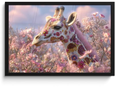 Poster in lijst - Fotolijst 60x40 cm - Posters - Giraffe - Bloemen - Roze - Posterlijst zwart - Decoratie - Wanddecoratie woonkamer - Muurdecoratie slaapkamer