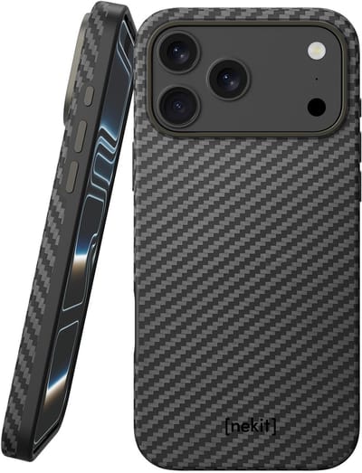 NEKIT Fiber Pro Hoesje Geschikt voor Apple iPhone 17 Pro Max - Compatibel met MagSafe en Qi2 - High-Tech Kevlar en TPU - Back Cover Dun - Grijs/Zwart