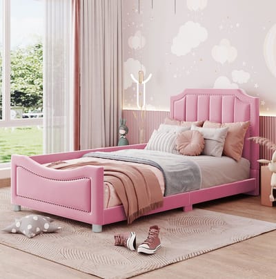 MEUNIQ kinderbed 90x200 cm gestoffeerd bed met lattenbodem, rugleuning, hoofdbord en voetbord, flanellen bekleding, normaal bed voor kinderkamer of slaapkamer, roze