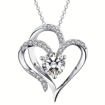 Sjika - Zilverkleurige Dubbel Hart Ketting met Kristal – Luxe Hartjes Hanger – Romantische Dames Ketting – Perfect Cadeau