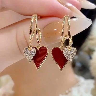 Retro Olie Druppelende Strass Dubbele Hartvormige Hanger Stud Oorbellen voor Vrouwen Mode Temperament Meisjes Sieraden rood