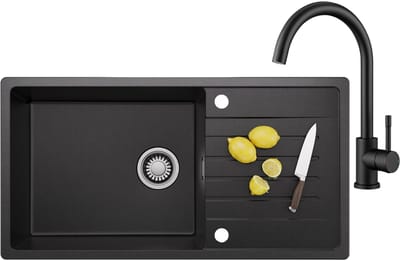 CECIPA MAX Spoelbak Keuken - Graniet Spoelbak 86x45CM Zwart - Spoelbakken Keuken Met Keukenkraan - Spoelbakken Met Afdruip - Opbouw Spoelbak