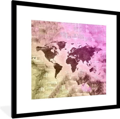 Fotolijst incl. Poster - Wereldkaart - Kleuren - Kranten - 40x40 cm - Posterlijst