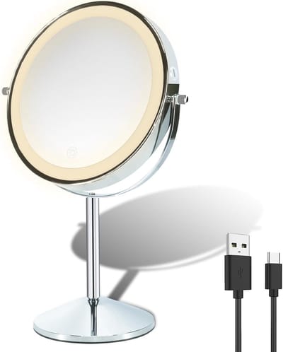Verlichte make-upspiegel met 10X vergroting en oplaadbare LED verlichting 360° rotatie