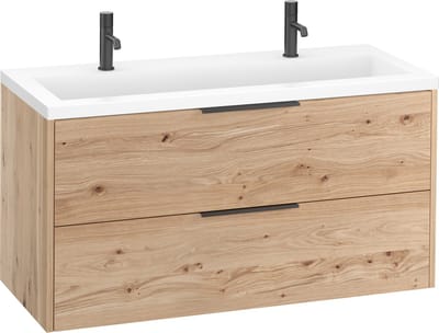 Saqu Lima badmeubel incl. mat witte wastafel met 2 kraangaten 120x52x64cm naturel eiken – mat zwarte greep