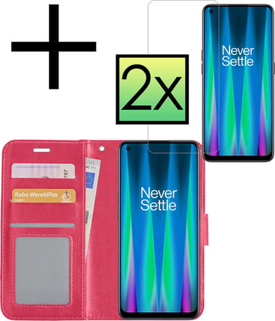 Hoesje - Met 2x Screenprotector - Geschikt voor OnePlus Nord CE 2 - Luxe Pasjeshouder - Bookcase Portemonee - Flip Case - Kunstleer Book Case - Flipcase Hoes - Book Cover - Walletcase - Portemonneehoes - Donkerroze