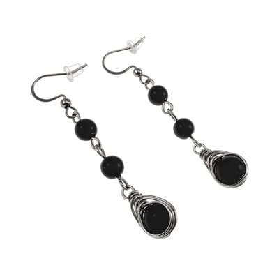 Haakoorbellen met Zwarte Matte Onyx Stenen, Lange Oorbellen Dames, RVS - Lengte 55 mm - Handgemaakt door esde2